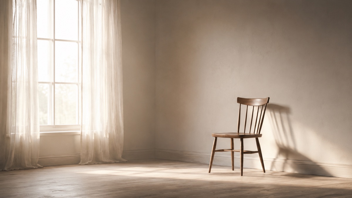 Empty chair beside a window — grief as practiced presence