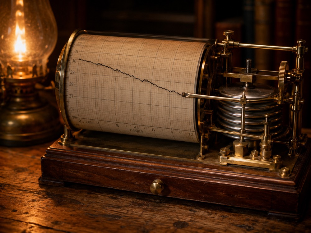 Antique barograph on aged oak, amber lamp, ink trace showing slow descent